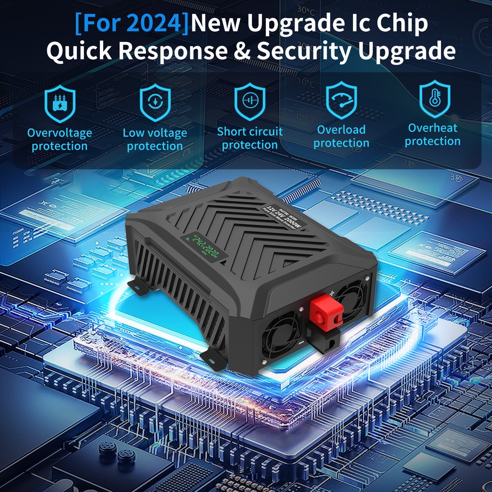 DATOUBOSS Universal Double Voltage Converter 2000W Pure Sine Wave Inverter, 12V/24V to 230V AC Voltage Converter, Peak Power 4000W Peak Power, with Intelligent Detection System & LCD Display & 2 EU Socket - DATOUBOSS Rechargeable Lifepo4 Batteries Voltage Converters InverterSP-DT-TY-PSWE2000W-A-UK
